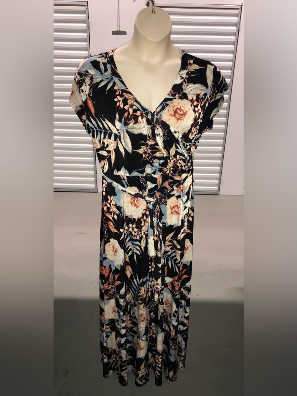 Mlle Gabrielle Black Floral V-Neck Wrap Maxi Dress with Cream and Blue Floral